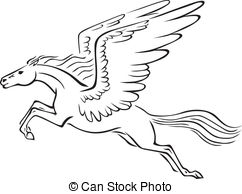 ... Pegasus - Black and white line art image of a winged horse.