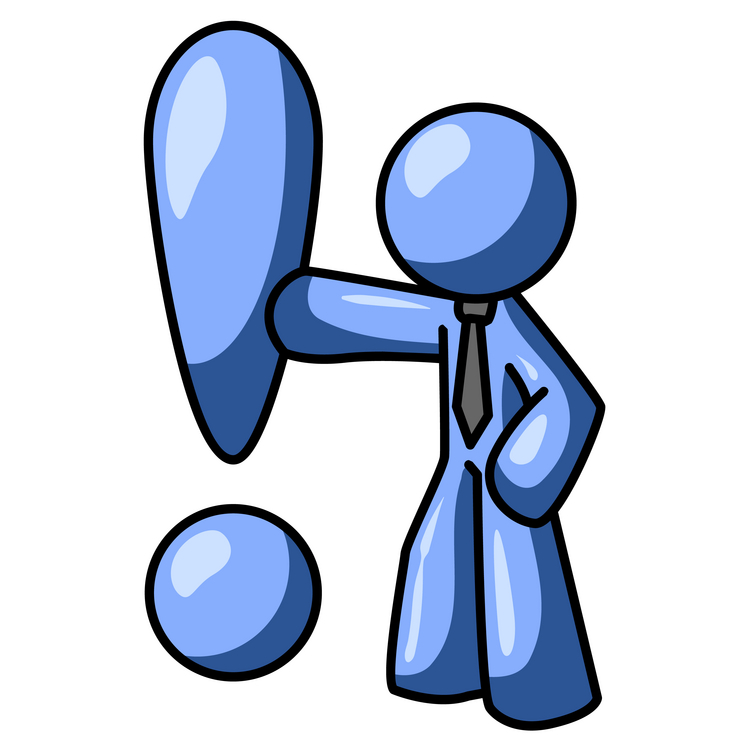 Blue Businessman Standing by a Large Exclamation Point Clipart Illustration