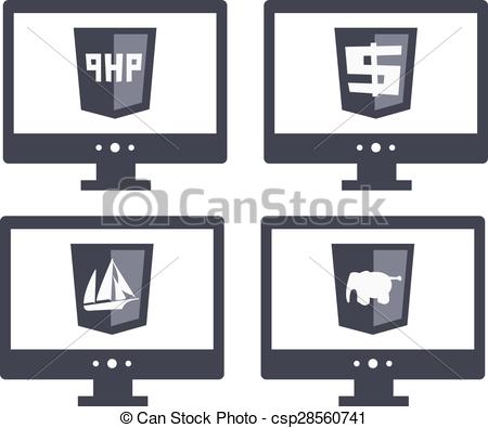 Vector Collection Of Web Development Shield Signs Php. Isolated Grey Icons
