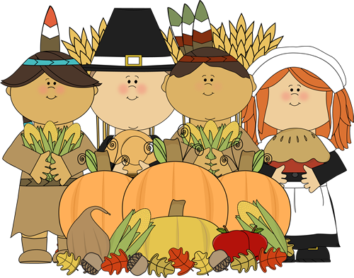 Pilgrims and Indians with Tha - Thanksgiving Pictures Clipart