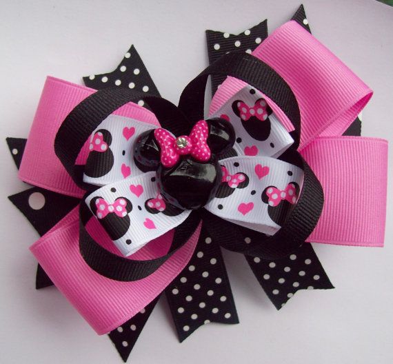 Pink And Black Minnie Mouse Head Hair Bow -Large Minnie Mouse Pink And Back Hair
