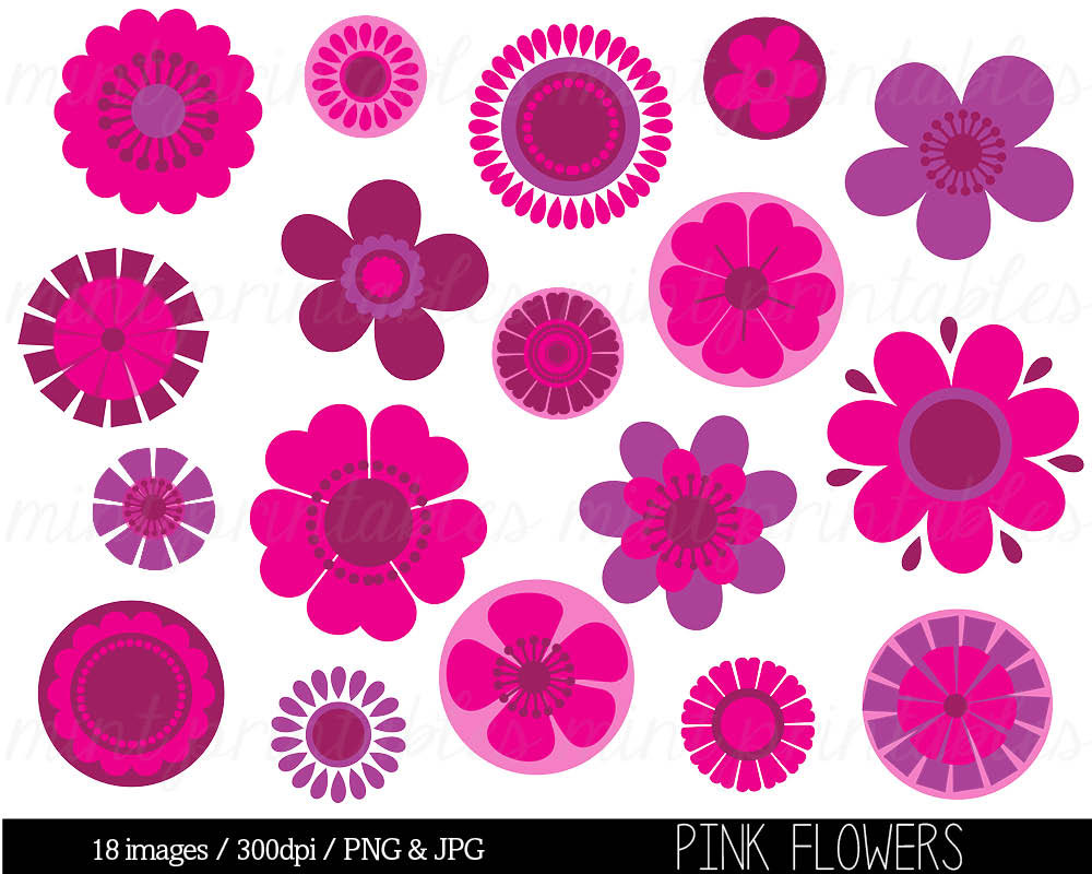 ... Pink Flowers Clipart Clip Art, Spring Flowers, Retro flowers. 