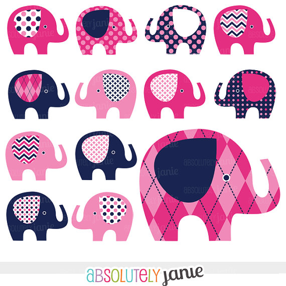Pink Navy Baby Elephant Digital Clipart Preppy Girly Clip Art