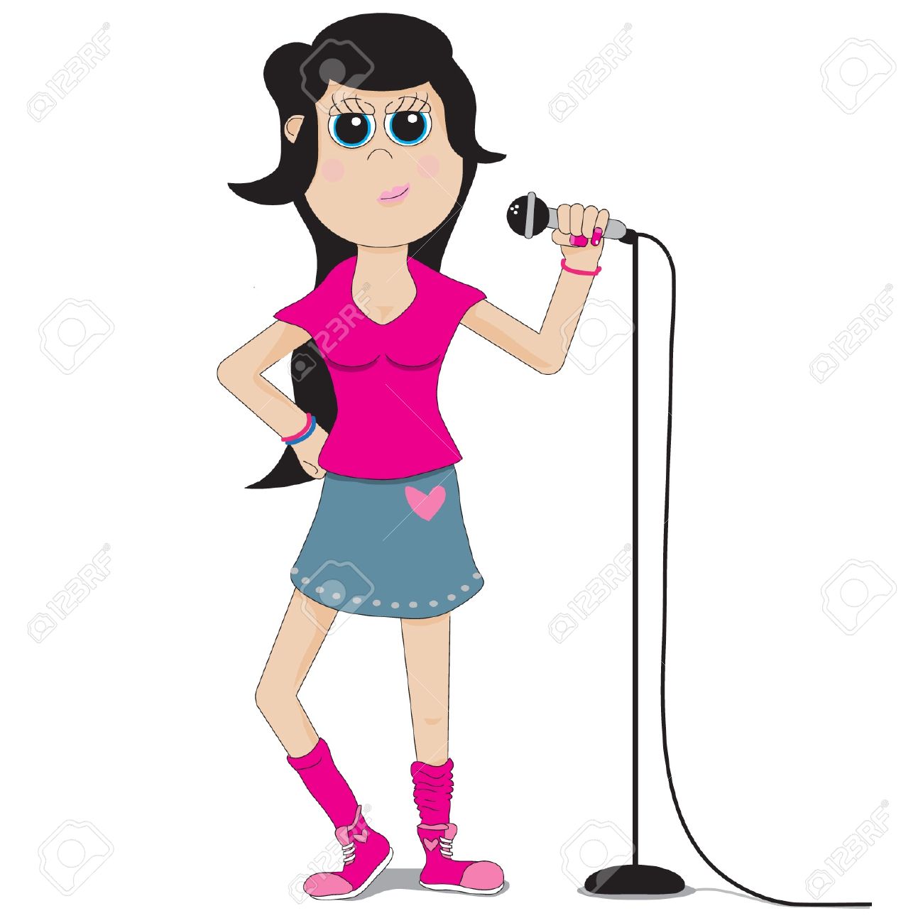 Cartoon teen girl singer wearing a pink shirt holding a microphone on a  microphone stand Stock