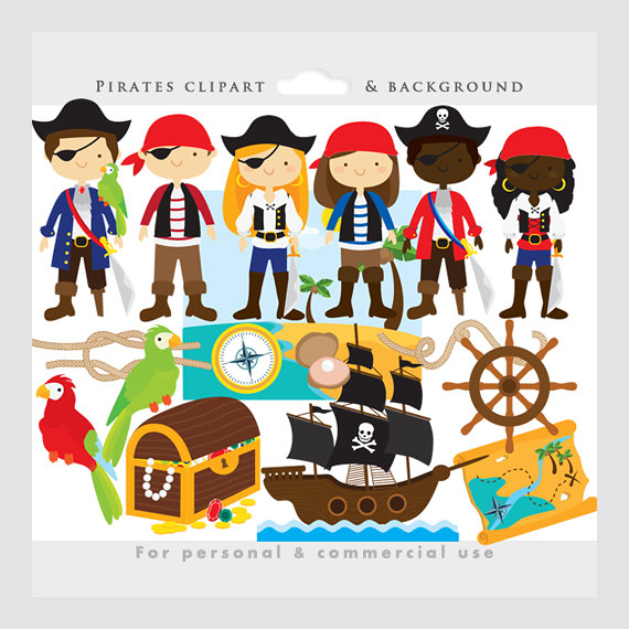 Pirate clipart - pirates clip art, eyepatch, booty, ship, treasure chest, map, parrot, cute, background, for personal and commercial use