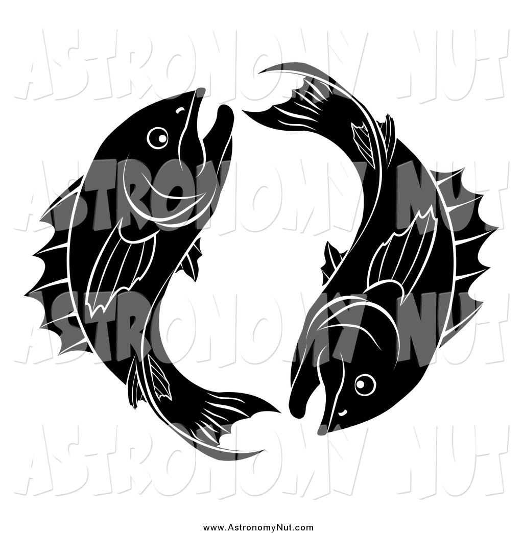 Clipart of a Black and White Astrology Pisces Zodiac Fish