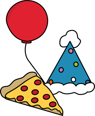 Pizza Party Clip Art Image - slice of pizza with a balloon and party hat