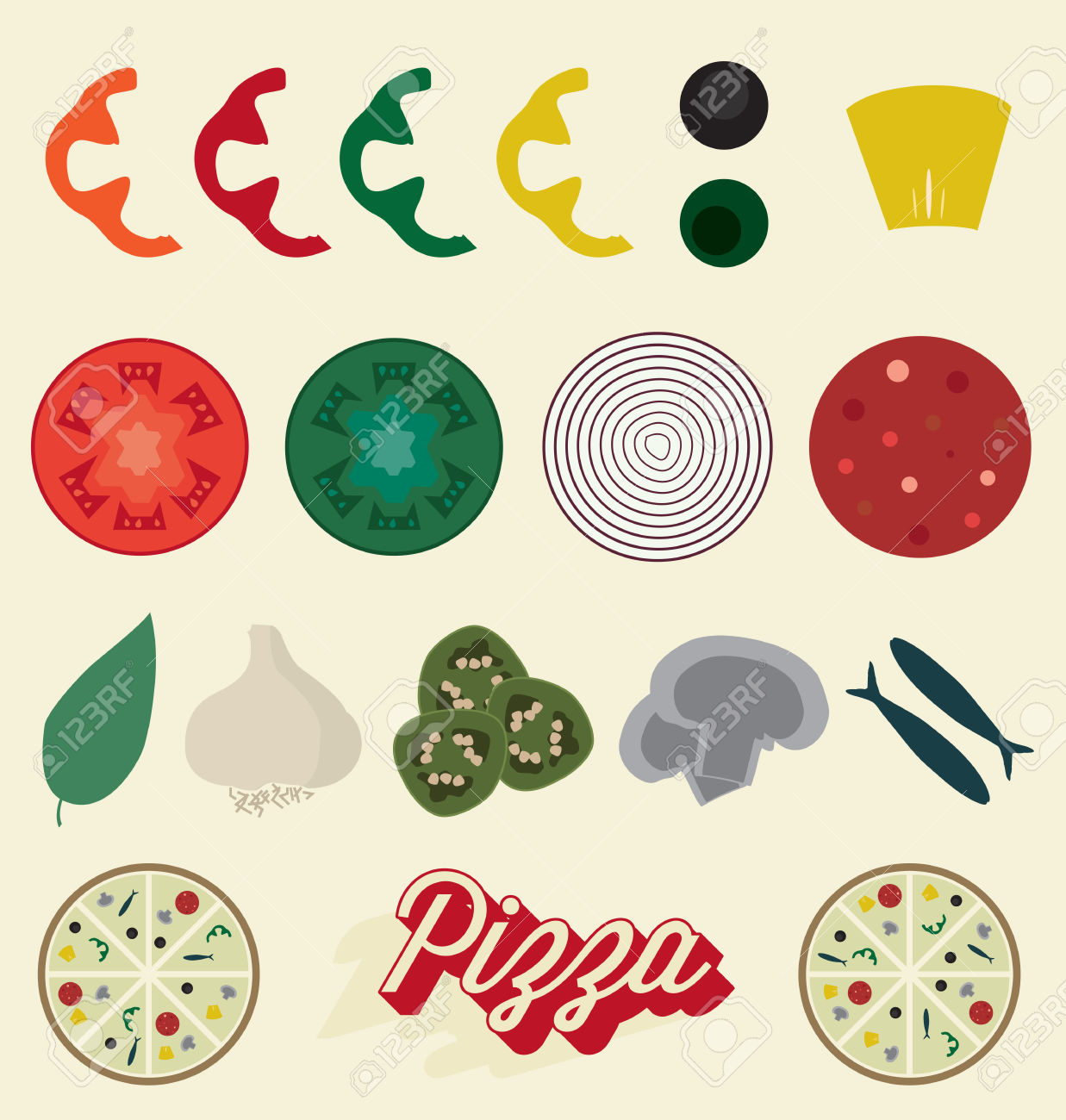 pizza topping: Pizza Toppings Collection Illustration