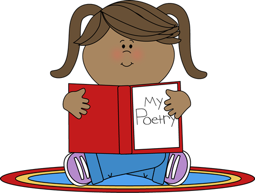 Poetry Center Clip Art Image - girl sitting on a rug with a poetry folder in her lap.
