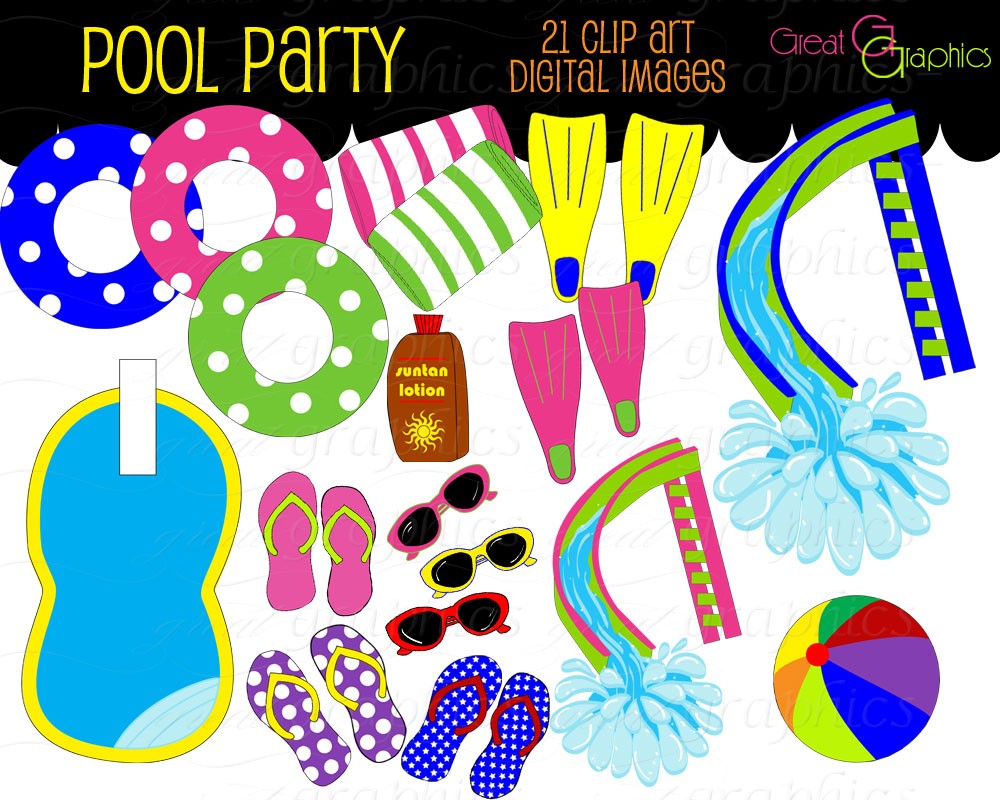 Pool Party Clip Art, Digital Pool Party, Digital Clip Art, Pool Party Clipart, Swimming Pool, Flip Flops, Instant Download
