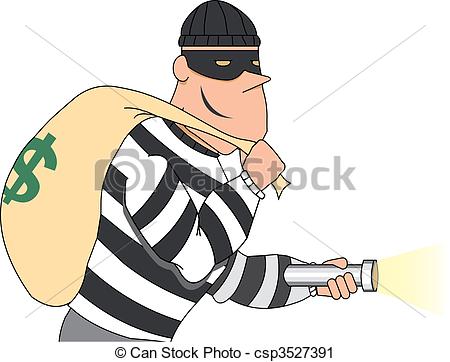 ... Portrait of Burglar holding bag of money - Smiling thief.