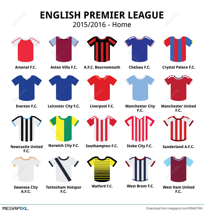 English Premier League 2015 - 2016 football or soccer jerseys icons set