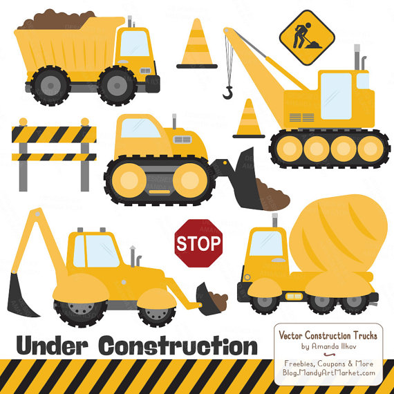 Premium Yellow Construction Clipart - Truck Clipart, Construction Clip Art, Vector Construction Trucks,