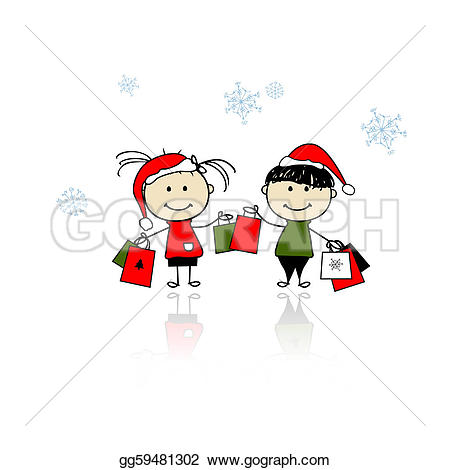 Present, shopping vector icons set u0026middot; Christmas gifts. Children with shopping bags