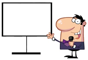 Sales Pitch Clipart Image: Business person or sales person with microphone  giving presentation at white
