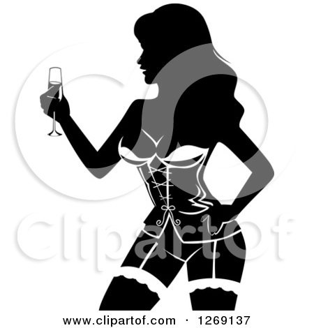 Preview Clipart. Silhouetted Black And White Female Stripper Holding Champagne At A Bachelor Party