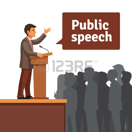 public speaker: Public speaker standing behind rostrum speaking to gathered public. Flat style vector