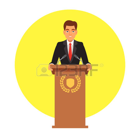 public speaker: Public speaker standing behind rostrum with emblem and speaking to microphones. Flat