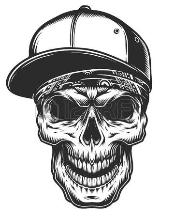 Illustration of skull in bandana and baseball cap. Monochrome line work.  Isolated on white
