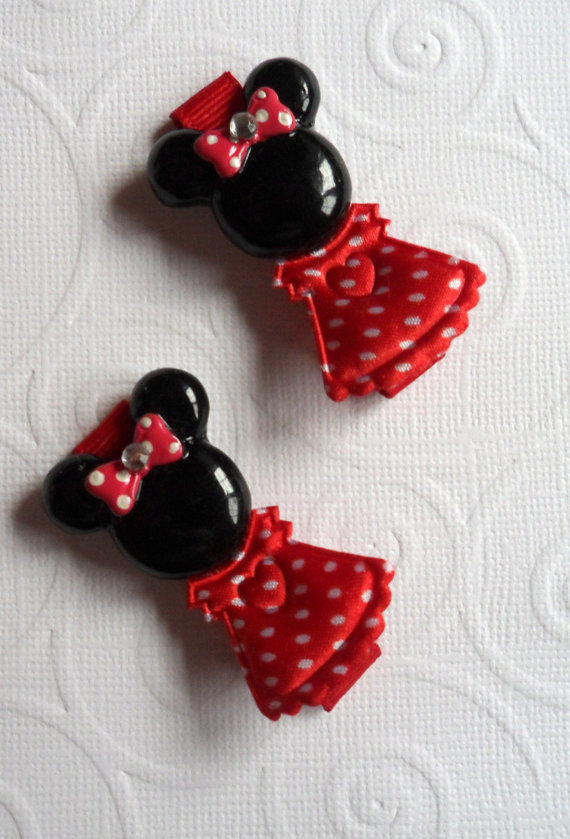 Red and White Satin Polka Dot Dress MINNIE MOUSE with Rhinestone center hair bow on hair