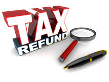 Tax refund. Word in 3d over white background, lying next to a pen and