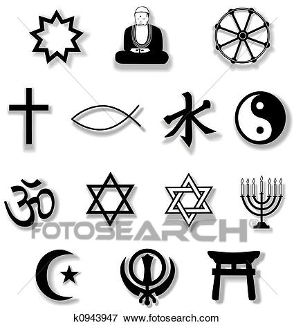 Drop shadows add depth to this collection of symbols of Contemporary World  Religions from Bahai to Shinto, useful as an icon set.