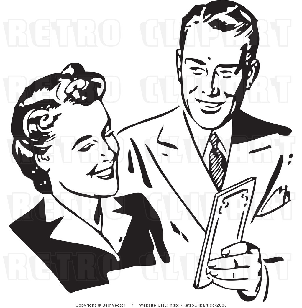 Retro Clip Art of a Happy Man and Woman Discussing Money