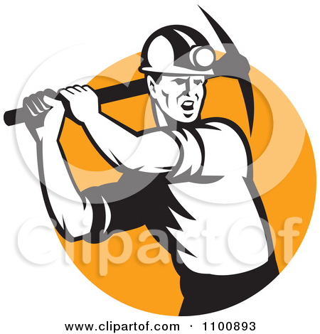 Retro Coal Miner Swinging A Pick Ax Over An Orange Circle by patrimonio
