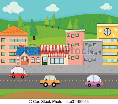 City scene with cars on the r - Road Clipart