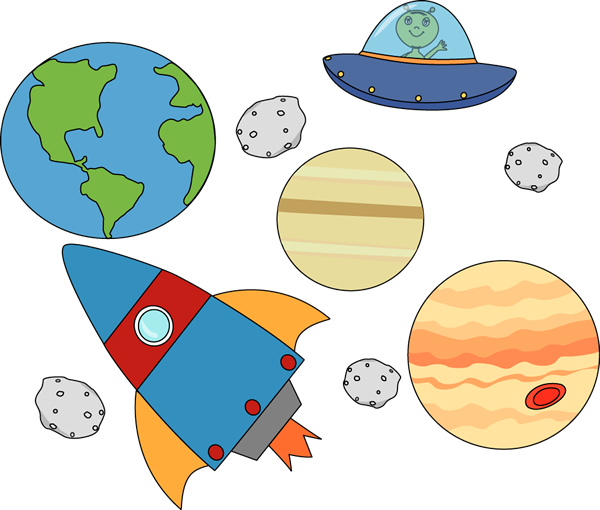 Rocket and UFO Flying Through - Outer Space Clipart