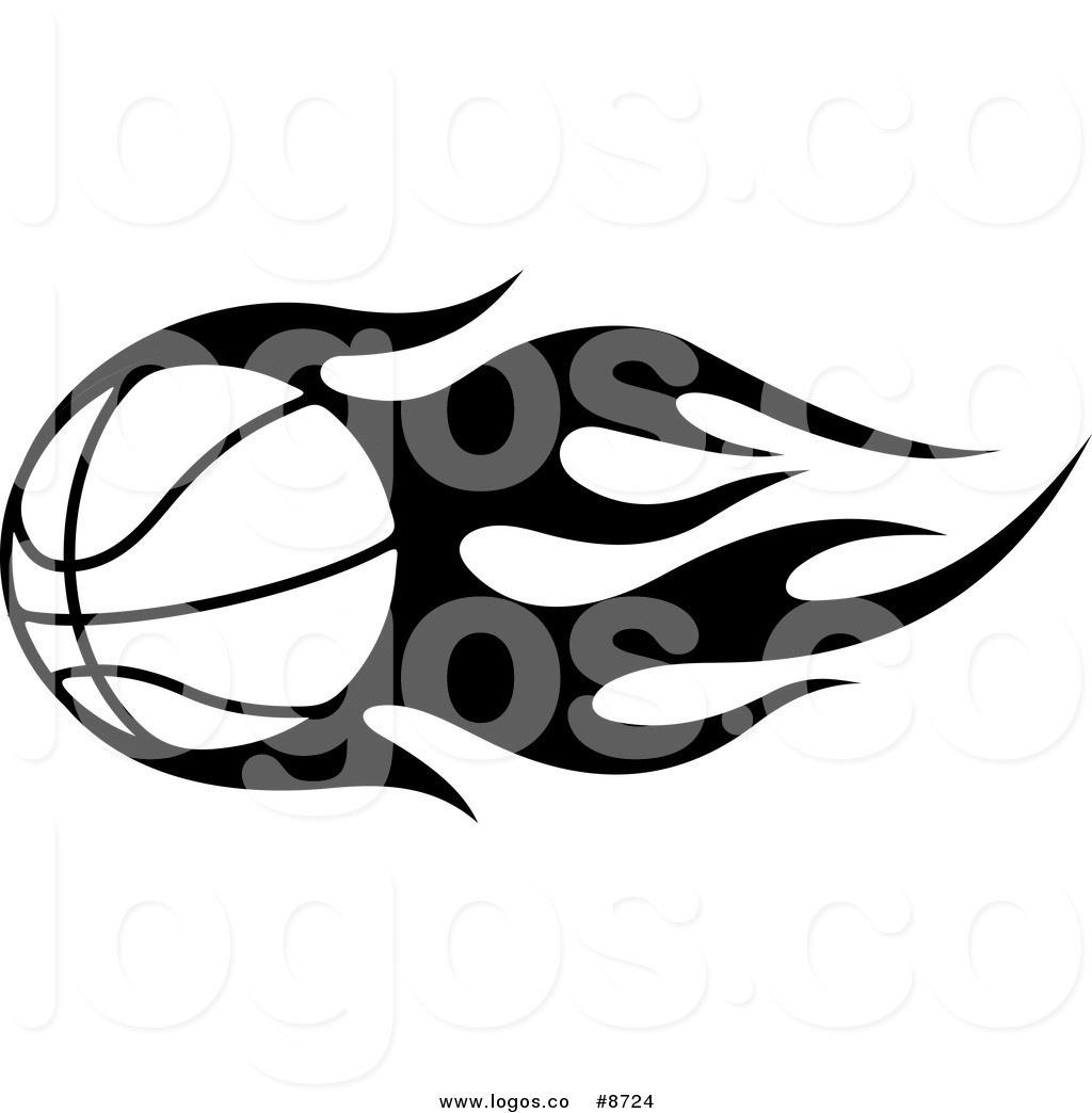 Royalty Free Clip Art Vector Black and White Tribal Flaming Basketball Logo by Vector Tradition SM