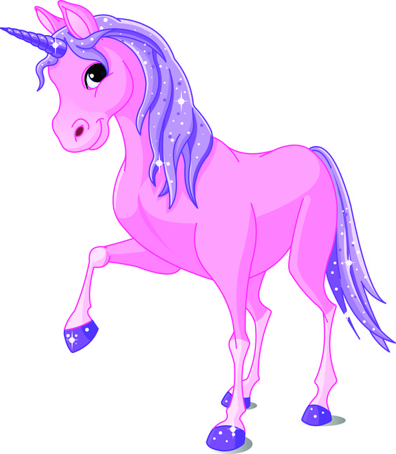 Royalty free clipart illustration of a cute pink and purple winged unicorn and banner label.