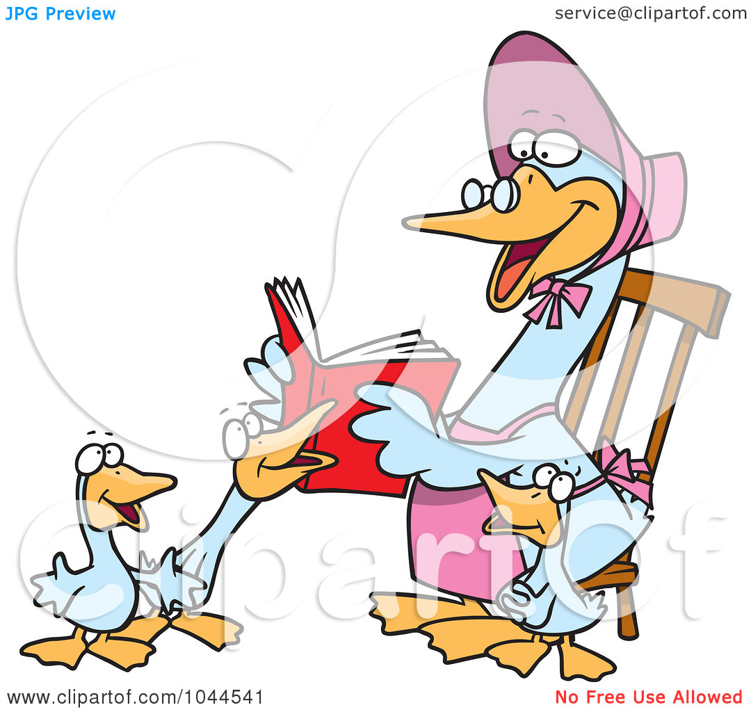 Royalty-Free (RF) Clip Art Illustration of a Cartoon Mother Goose Reading To Goslings by Ron Leishman