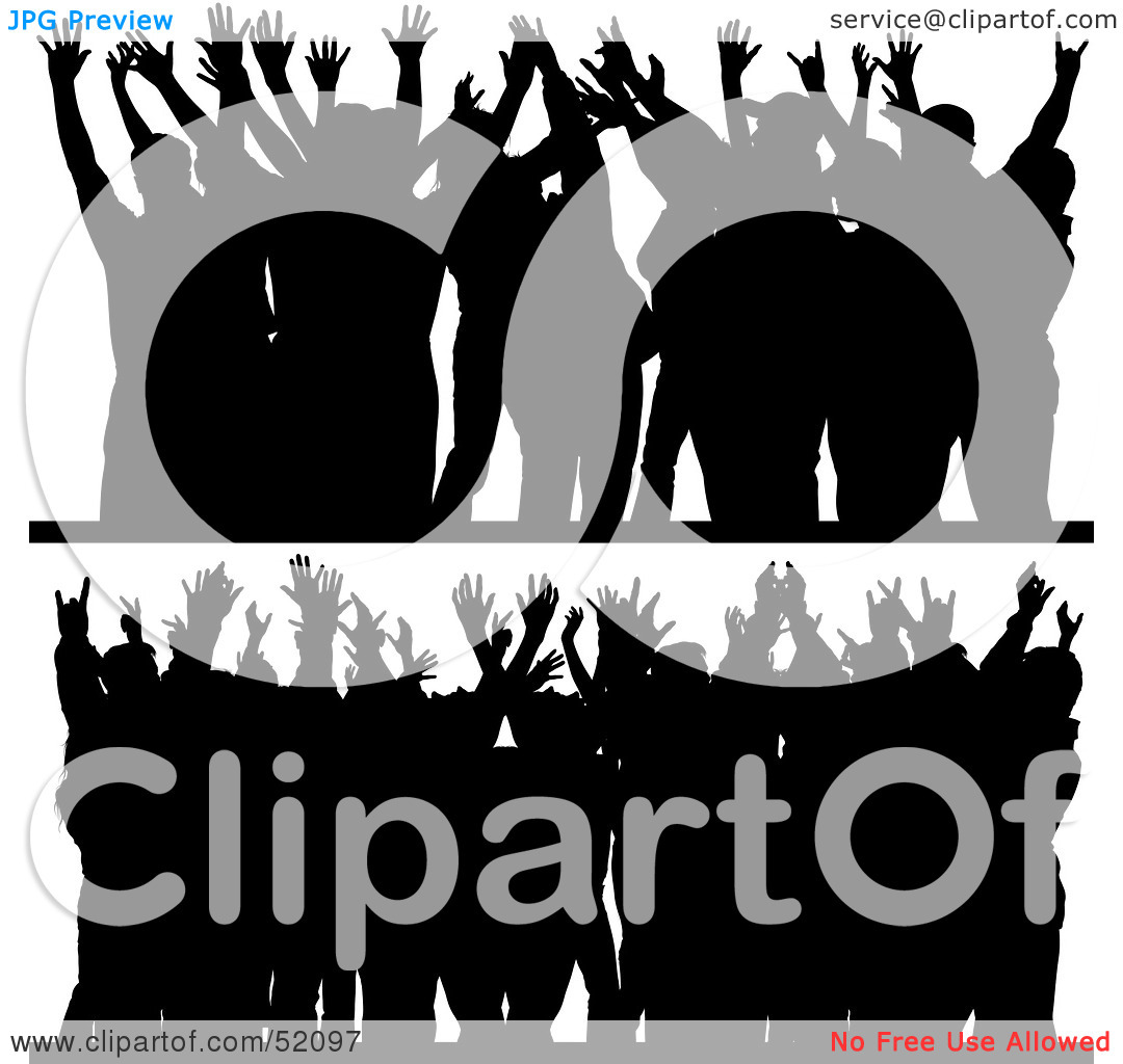 Royalty-Free (RF) Clipart Illustration of a Digital Collage of Silhouetted  Crowds With Their Hands Up by dero
