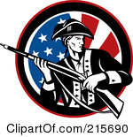 Royalty Free RF Clipart Illustration Of A Revolutionary War Soldier Holding A Rifle Over An American