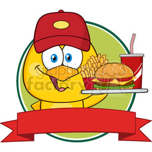royalty free rf clipart illustration yellow chick cartoon character wearing  a baseball cap and holding a