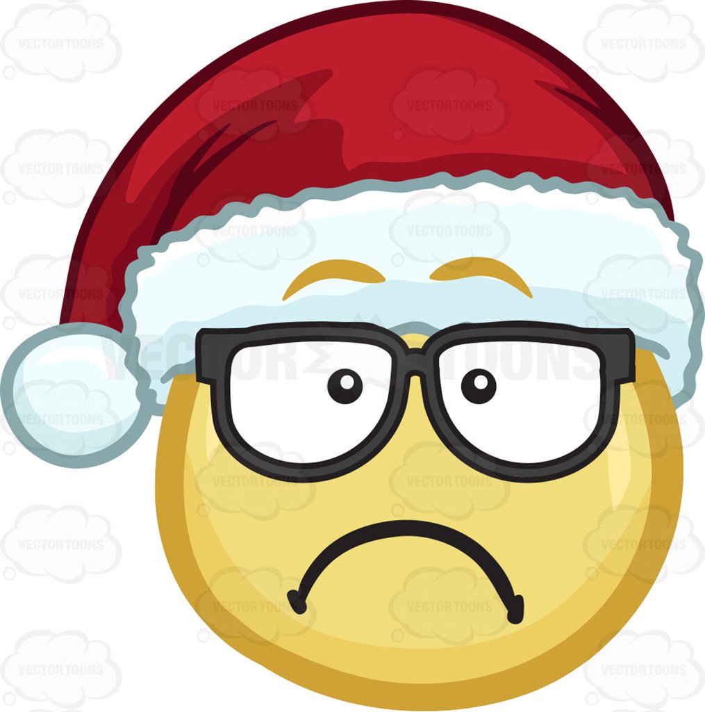 A sad emoji wearing a Santa hat and glasses