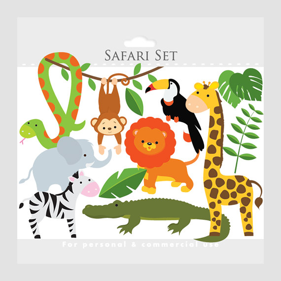 Safari clipart - safari animals, lion, monkey, giraffe, zebra, elephant, crocodile, leaves, jungle animals, jungle leaves, snake, toucan