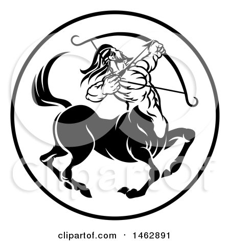 Clipart of a Black and White Zodiac Horoscope Astrology Centaur Sagittarius  Circle Design - Royalty Free Vector Illustration by AtStockIllustration