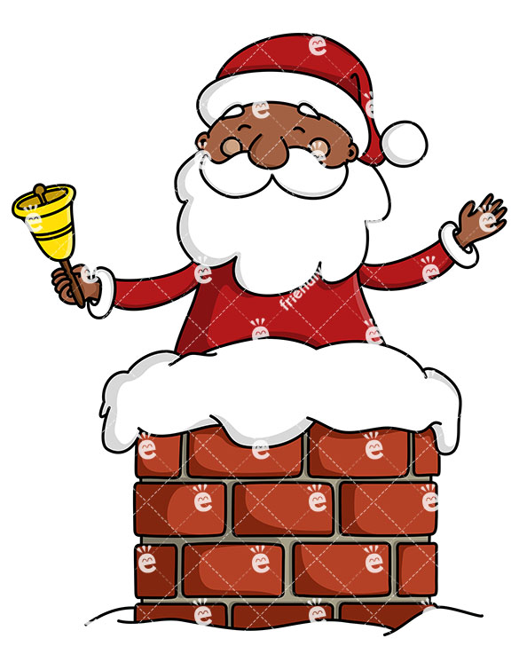 Black Santa Claus In A Chimney Ringing A Christmas Bell