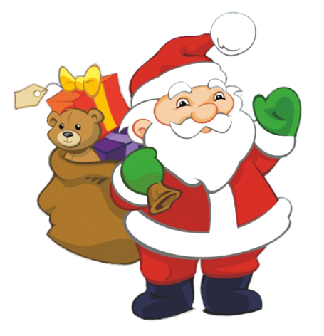 Santa Claus clipart in chimney at night, Funny Santa with sack with presents