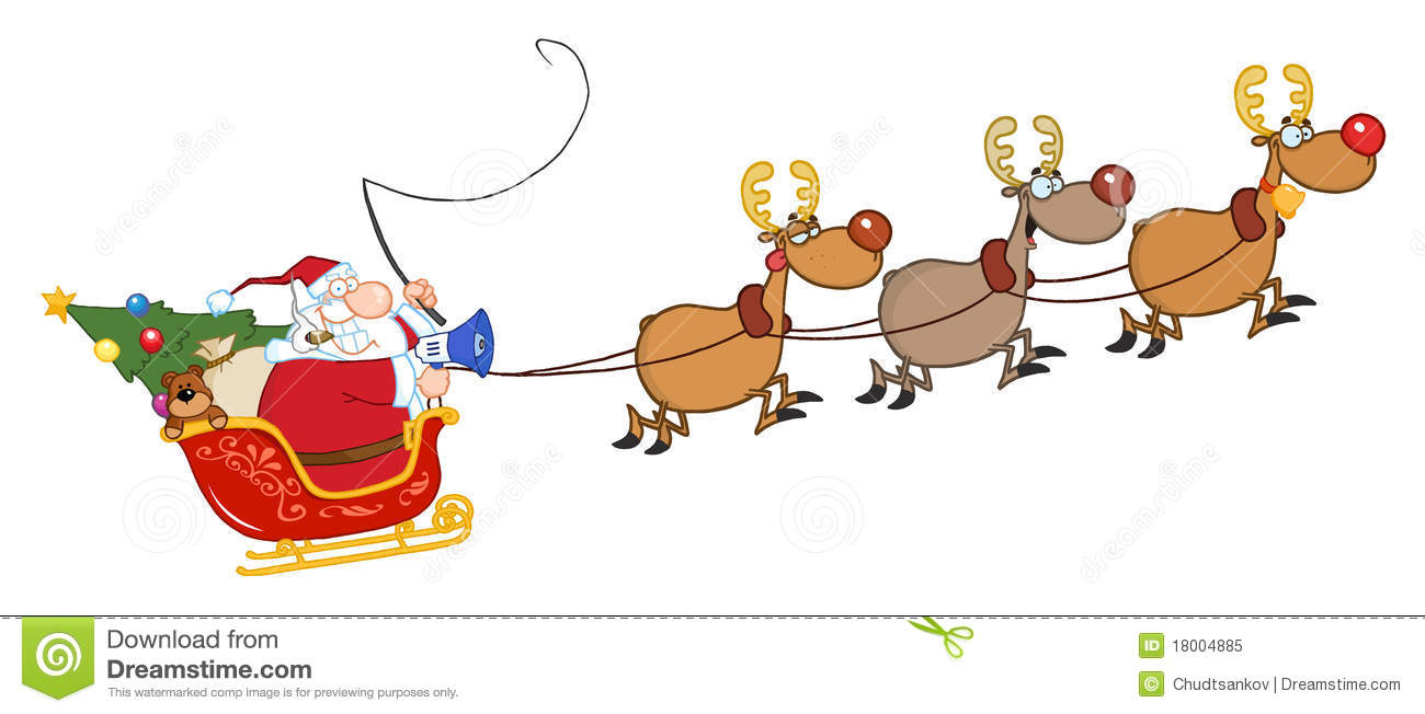 Santa In Flight With His Rein - Santa And Sleigh Clipart