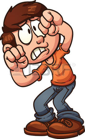 scared face: Scared cartoon boy protecting his face Vector clip art illustration with simple gradients