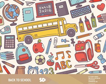 Back to school clipart, teacher clip art, classroom clipart, backpack books  school bus pencil illustration, vector printable. Commercial use