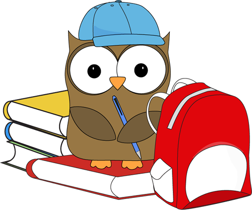 School Owl Clip Art Image - cute school owl wearing a baseball cap, holding a pencil, and sitting on books next to a backpack.