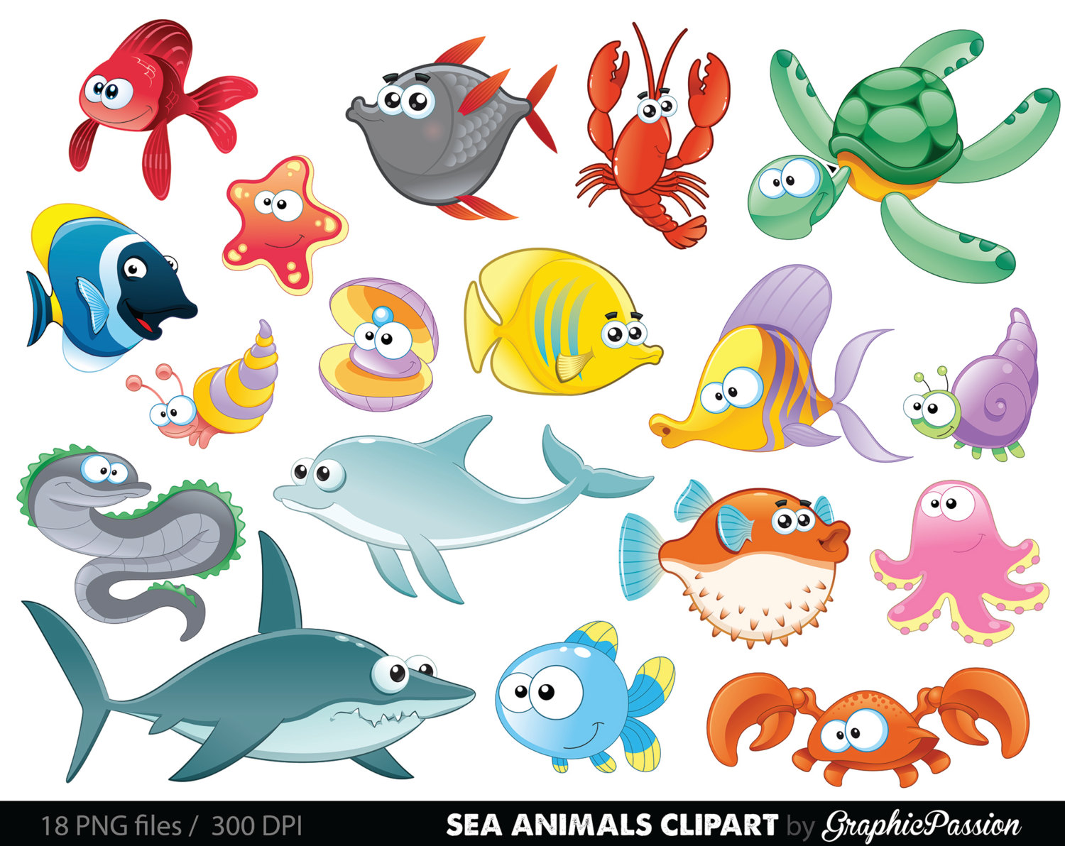 Sea Animal Clipart Under the Sea Baby Sea Creatures Clip Art Animal Clipart Ocean clipart Sea creatures graphics Sea animals vector