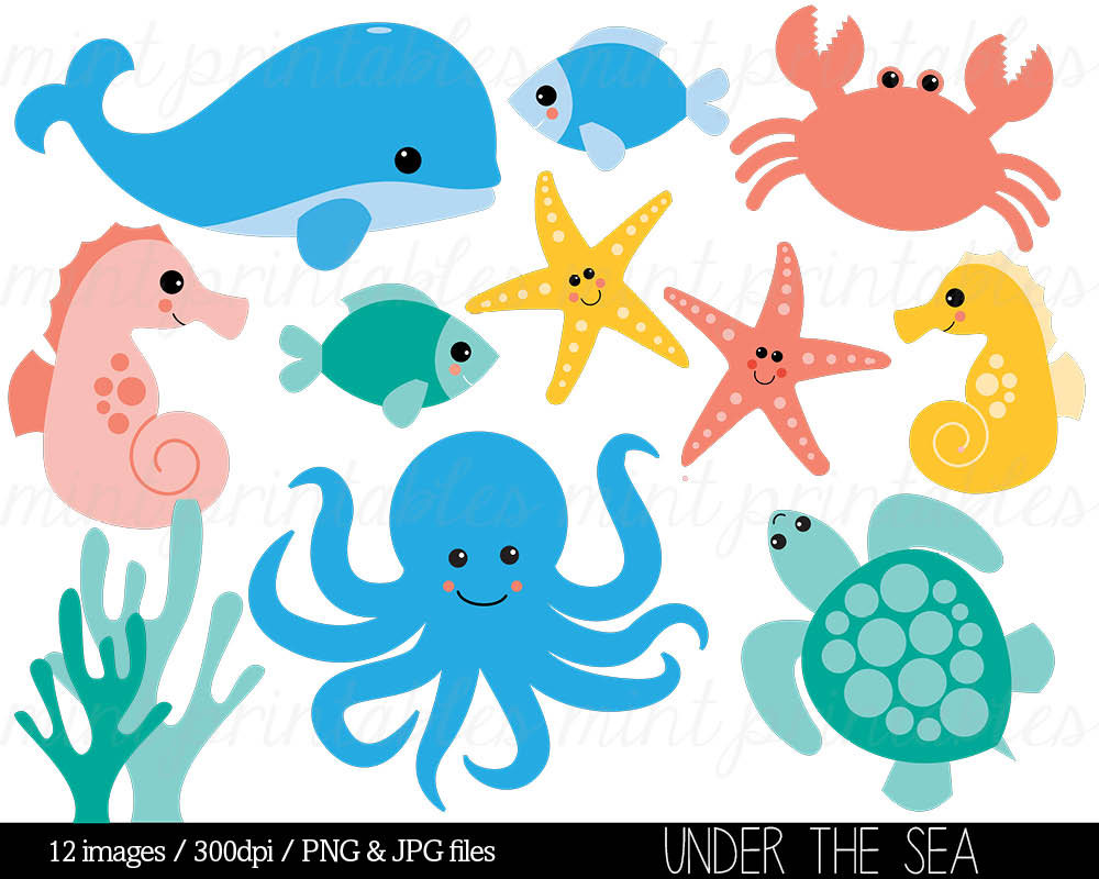 Sea Animal Clipart, Under the Sea, Baby Sea Creatures Clip Art, Animal Clipart Whale Ocean Crab - Commercial u0026amp; Personal - BUY 2 GET 1 FREE!