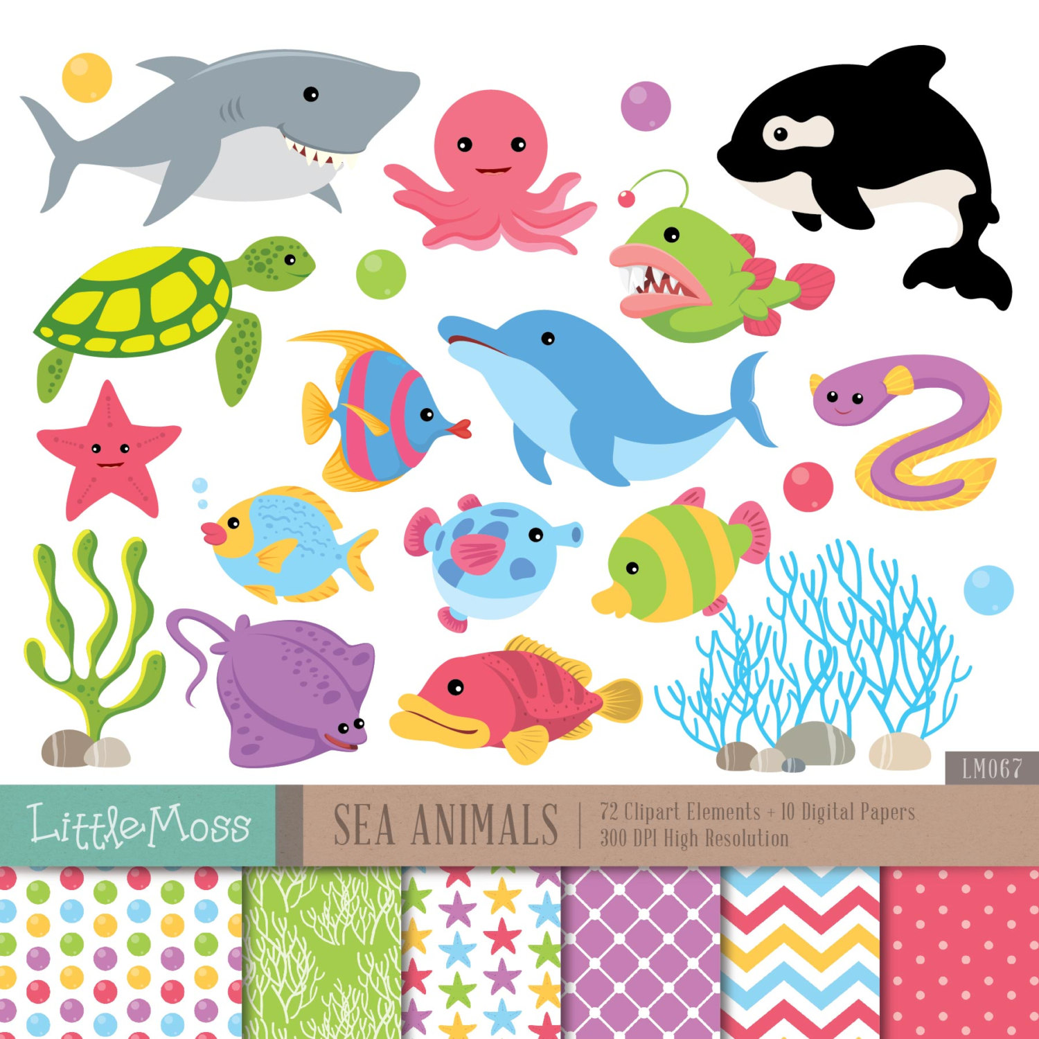 Sea Animals Digital Clipart and Papers, Under The Sea Clipart, Whale, Dolphin, Turtle, Coral, Shark Clipart