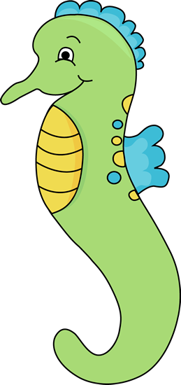 Seahorse Clip Art Image - green seahorse with a blue fin and yellow and blue dots.