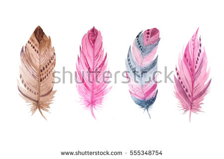 Set of isolated exotic watercolor feathers. Hand painted colorful delicate feather clipart. Tribal boho